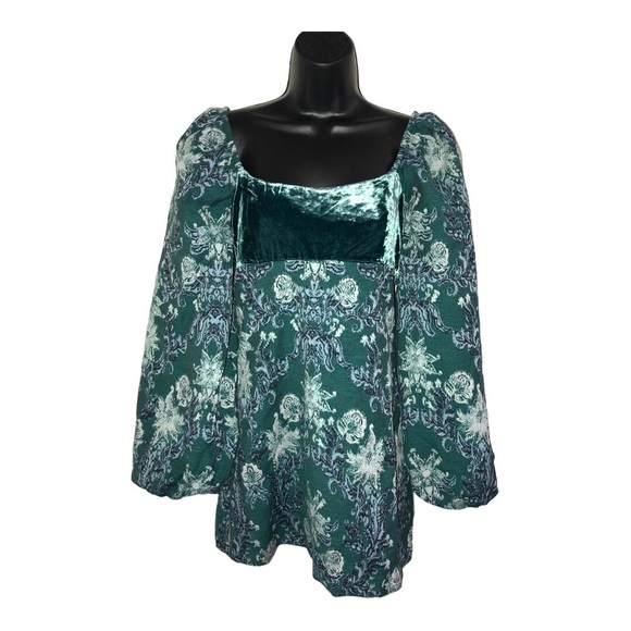 Free People structured green brocade look velvet balloon sleeve babydoll dress - Picture 5 of 16